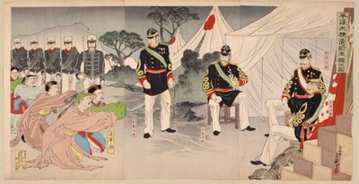 Generaals van het Chinese leger geven zich over aan Japanse commandanten, oktober 1894 kleuren houtsnede door Migita Toshihide